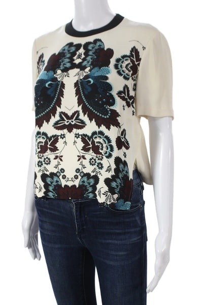 A.L.C. Womens Cropped Ringer Floral Silk Blouse Beige Short Sleeve Size 2