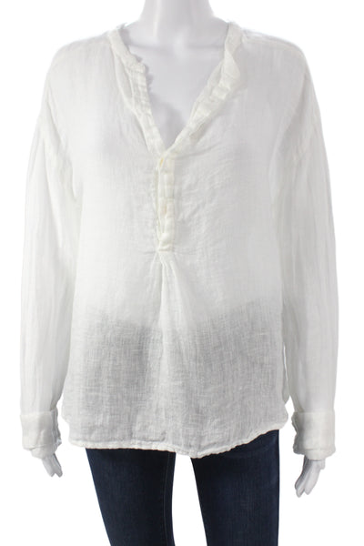 CP Shades Women Tunic White Linen V Neck Long Sleeve Button Size XS