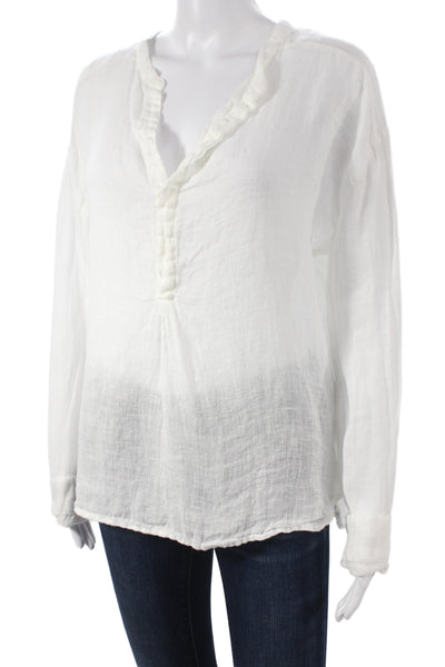 CP Shades Women Tunic White Linen V Neck Long Sleeve Button Size XS