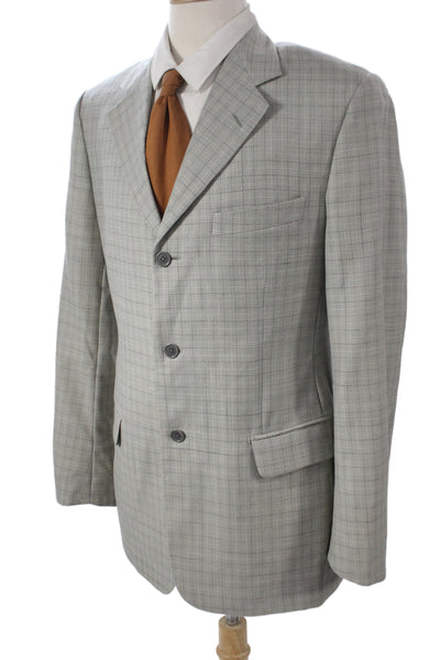 Lubiam Mens Gray Wool Checked Suit Jacket Button Collared Classic Size 50