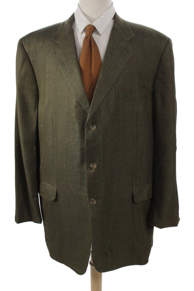 Hickey Freeman Mens Herringbone Silk Sport Coat Green Button Size 48