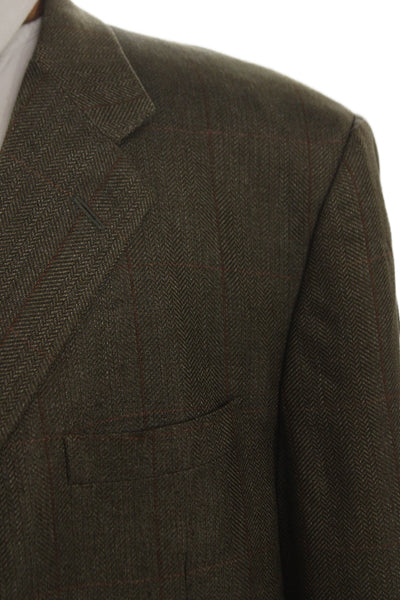 Hickey Freeman Mens Herringbone Silk Sport Coat Green Button Size 48