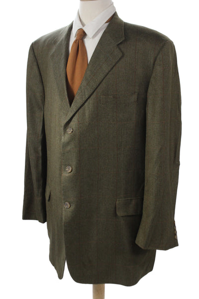 Hickey Freeman Mens Herringbone Silk Sport Coat Green Button Size 48