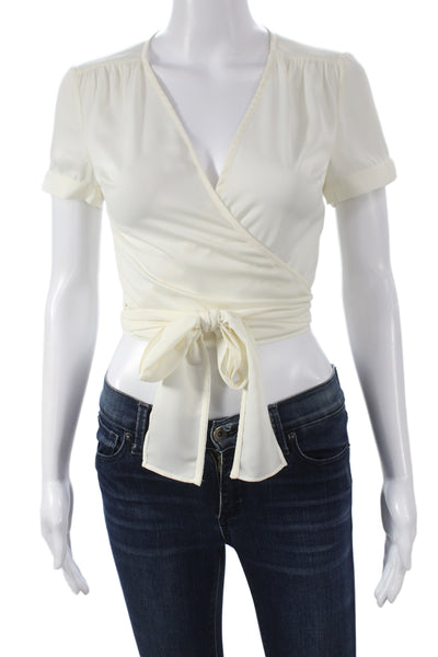 L'Academie Womens Cropped Blouse White V-Neck Tie Short Sleeve Poly Size XS