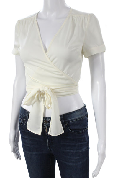 L'Academie Womens Cropped Blouse White V-Neck Tie Short Sleeve Poly Size XS