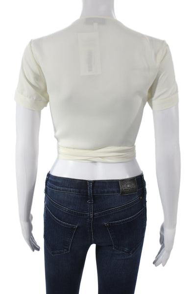 L'Academie Womens Cropped Blouse White V-Neck Tie Short Sleeve Poly Size XS