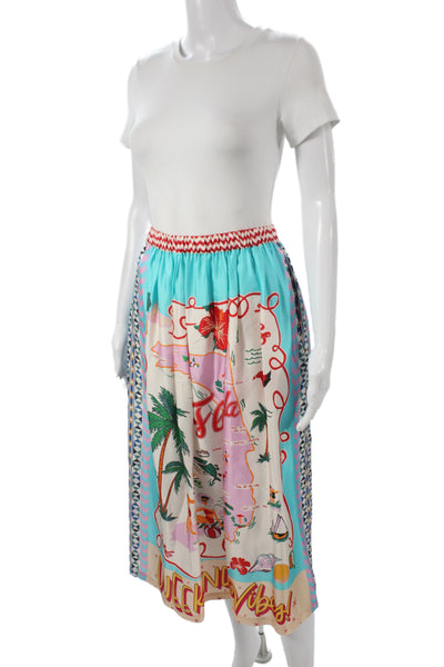 Me 369 Women A-Line Midi Skirt Light Blue Viscose Graphic Print Size 2XS