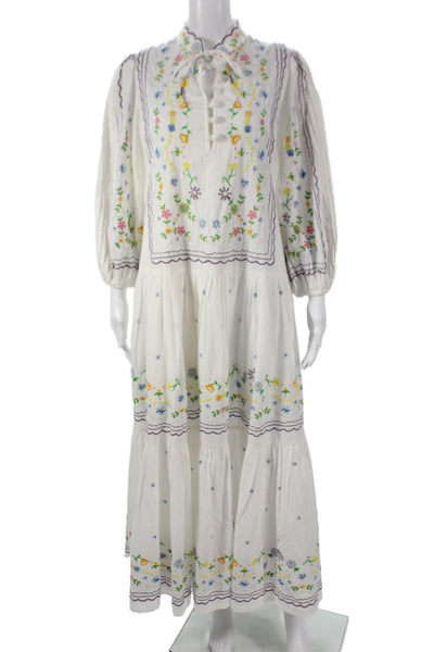 Alemais Women Maxi Shirt Dress White Floral Cotton 3/4 Sleeve Button Size 4