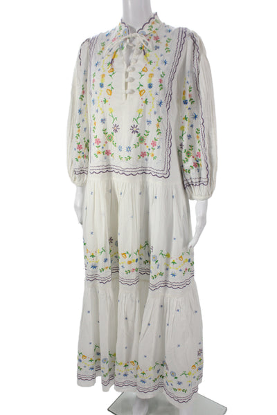 Alemais Women Maxi Shirt Dress White Floral Cotton 3/4 Sleeve Button Size 4
