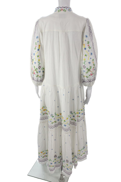 Alemais Women Maxi Shirt Dress White Floral Cotton 3/4 Sleeve Button Size 4