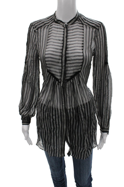 Zara Womens Basic Tunic Blouse Black Striped Collared Rayon Long Sleeve Size S