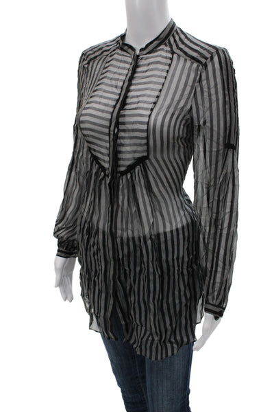 Zara Womens Basic Tunic Blouse Black Striped Collared Rayon Long Sleeve Size S