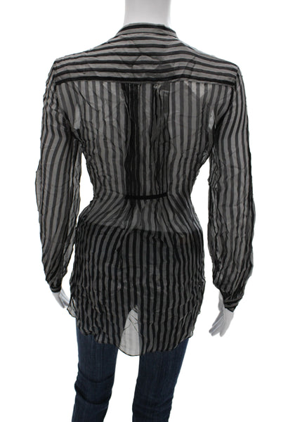 Zara Womens Basic Tunic Blouse Black Striped Collared Rayon Long Sleeve Size S