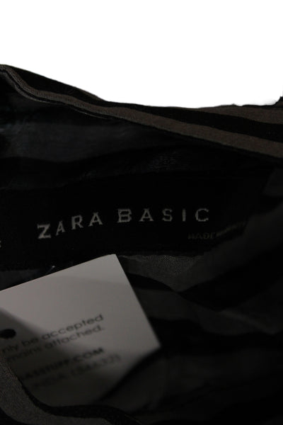 Zara Womens Basic Tunic Blouse Black Striped Collared Rayon Long Sleeve Size S