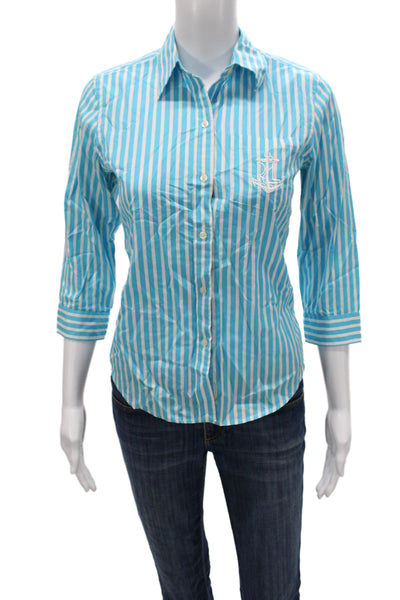 Lauren Ralph Lauren Women Striped Button Up Top 3/4 Sleeve Light Blue Size PP