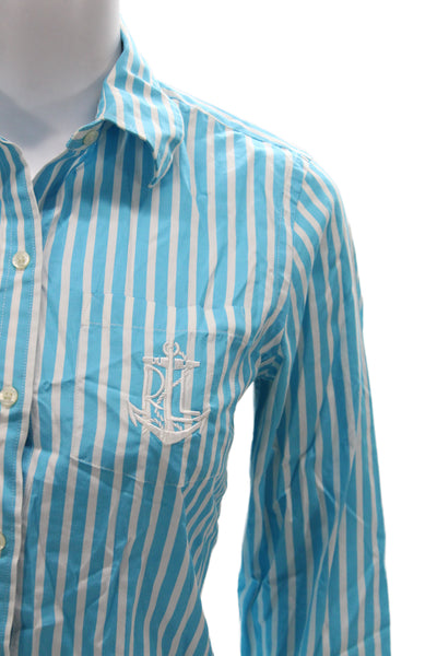 Lauren Ralph Lauren Women Striped Button Up Top 3/4 Sleeve Light Blue Size PP