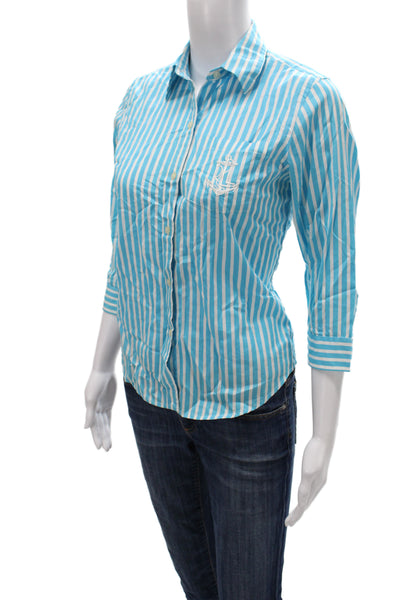 Lauren Ralph Lauren Women Striped Button Up Top 3/4 Sleeve Light Blue Size PP