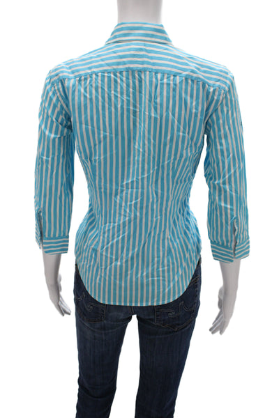 Lauren Ralph Lauren Women Striped Button Up Top 3/4 Sleeve Light Blue Size PP