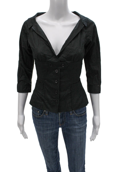 Byron Lars Women Collared Black Button-Up 3/4 Sleeve Cotton Spandex Size 4