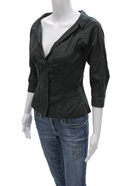 Byron Lars Women Collared Black Button-Up 3/4 Sleeve Cotton Spandex Size 4