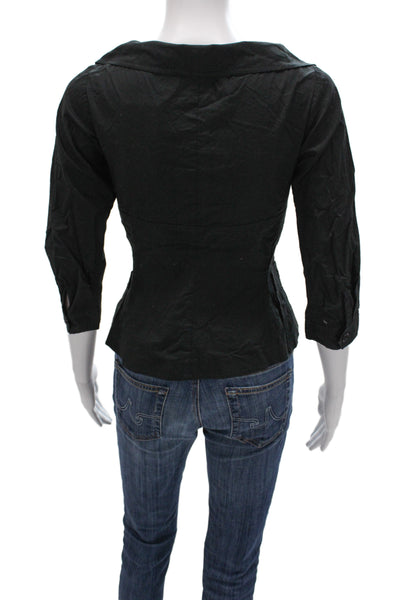 Byron Lars Women Collared Black Button-Up 3/4 Sleeve Cotton Spandex Size 4