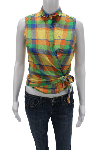 Lauren Ralph Lauren Women Sleeveless Plaid Cotton Button Up Blouse Size 4
