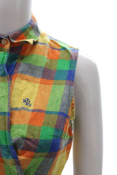 Lauren Ralph Lauren Women Sleeveless Plaid Cotton Button Up Blouse Size 4