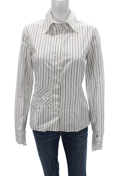 Faconnable Womens Striped Cotton Collared Button-Up Long Sleeve White Size 40