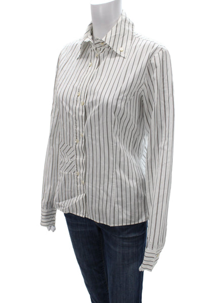 Faconnable Womens Striped Cotton Collared Button-Up Long Sleeve White Size 40
