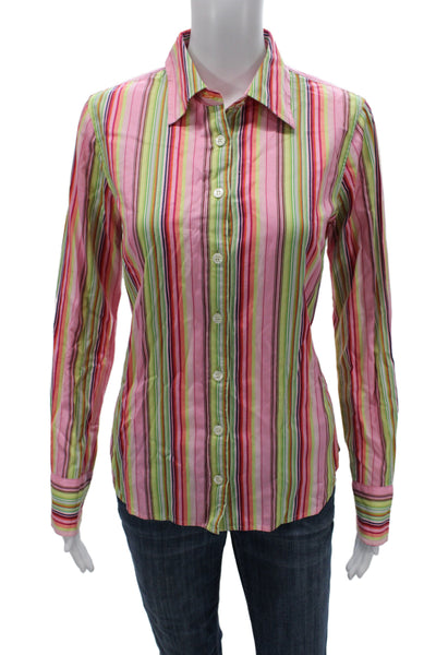 J Crew Women Striped 100% Cotton Collared Button-Up Long Sleeve Green Size S