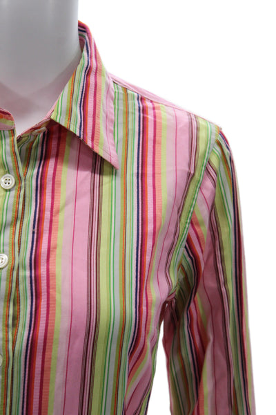 J Crew Women Striped 100% Cotton Collared Button-Up Long Sleeve Green Size S