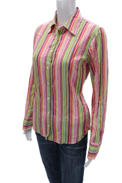 J Crew Women Striped 100% Cotton Collared Button-Up Long Sleeve Green Size S