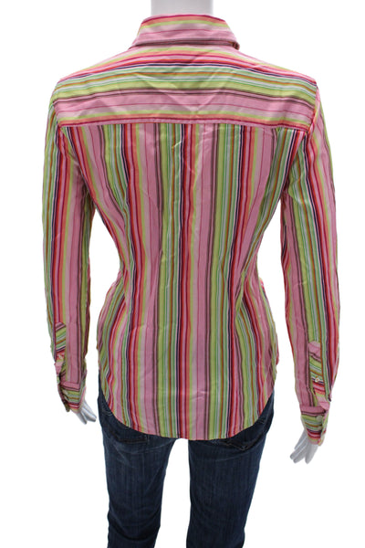 J Crew Women Striped 100% Cotton Collared Button-Up Long Sleeve Green Size S
