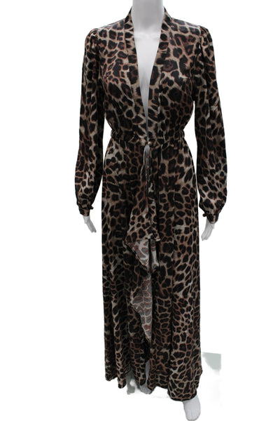 Donale Women Kaftan Maxi Dress Brown Animal Print V-Neck Long Sleeve Size S