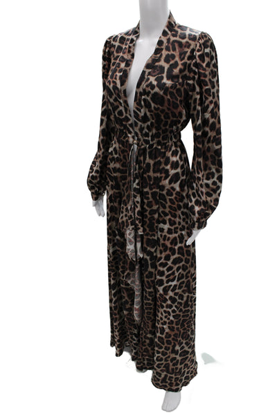 Donale Women Kaftan Maxi Dress Brown Animal Print V-Neck Long Sleeve Size S