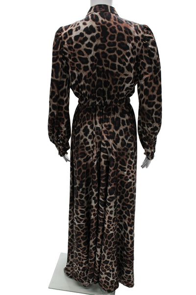 Donale Women Kaftan Maxi Dress Brown Animal Print V-Neck Long Sleeve Size S