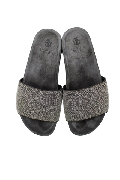 Brunello Cucinelli Womens Single Strap Monili Slide Sandals Gray Size 36.5