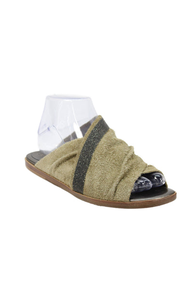 Brunello Cucinelli Womens Monili Trim Cross Strap Slide Sandals Brown Size 37