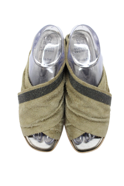 Brunello Cucinelli Womens Monili Trim Cross Strap Slide Sandals Brown Size 37