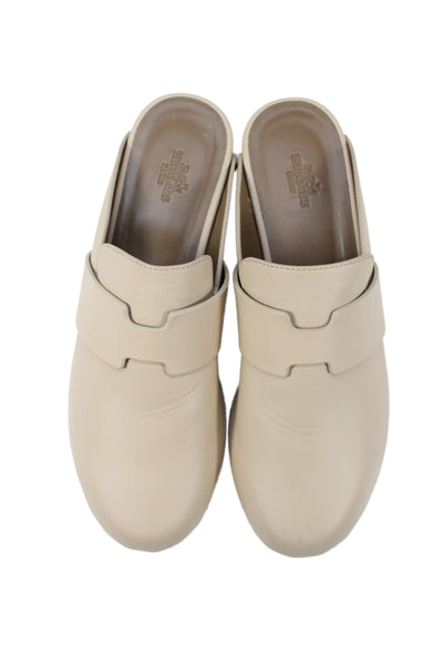 Hermes Womens Slip On Studded Trim Leather Calya Mules Brown Size 37