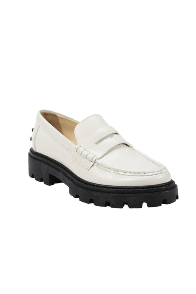 Tods Womens Slip On Round Toe Leather Loafers White Black Size 36.5