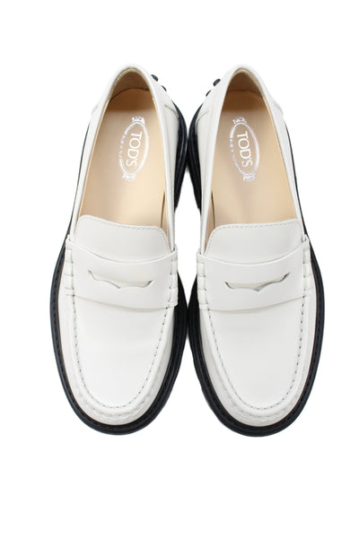 Tods Womens Slip On Round Toe Leather Loafers White Black Size 36.5