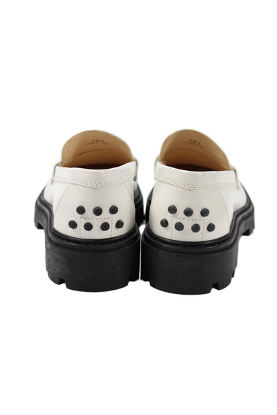 Tods Womens Slip On Round Toe Leather Loafers White Black Size 36.5