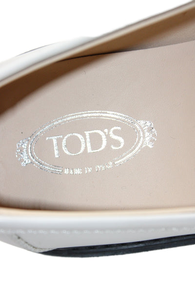Tods Womens Slip On Round Toe Leather Loafers White Black Size 36.5