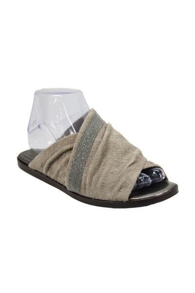 Brunello Cucinelli Womens Cross Strap Monili Trim Slide Sandals Brown Size 37