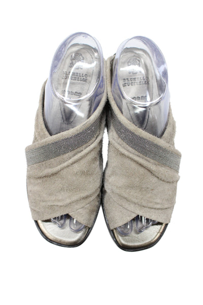 Brunello Cucinelli Womens Cross Strap Monili Trim Slide Sandals Brown Size 37