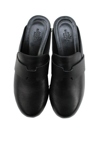 Hermes Womens Slip On Studded Trim Leather Calya Mules Black Size 37