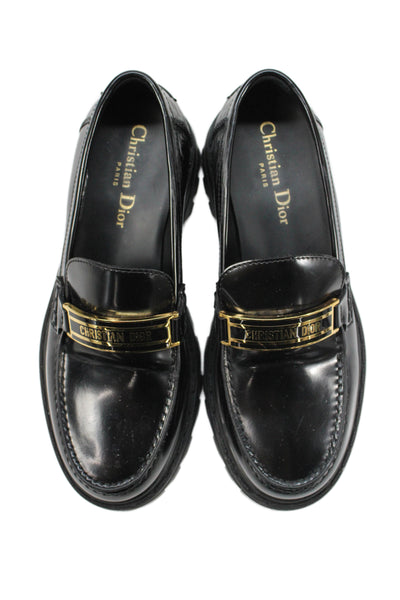 Christian Dior Womens Slip On Brushed Calfskin Logo Loafers Black Size 36.5D