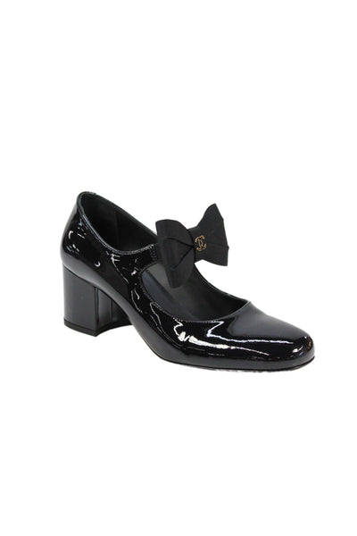 Chanel Womens Block Heel Patent Leather CC Bow Mary Jane Pumps Black Size 37