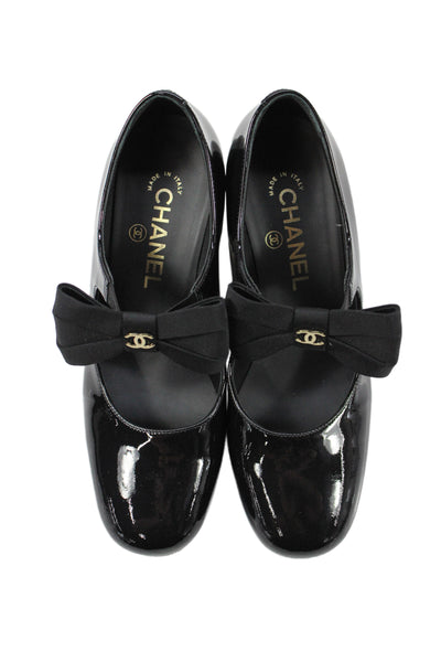 Chanel Womens Block Heel Patent Leather CC Bow Mary Jane Pumps Black Size 37